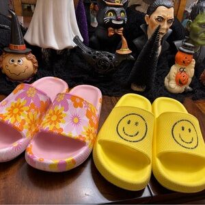 No Boundaries Pink Floral and Yellow Smiley Sandals Size 8